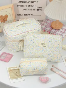 Floral Print Velvet Cosmetic Bag, Large Capacity Travel Organizer, Zipper Handbag with Ribbon Decor, Soft Fabric Makeup Pouch Set, Handheld Cosmetic Pouch