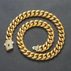 Miami Cuban Link Chain Necklace 14k Gold Plated Stainless Steel Iced Out Clasp Hip Hop Jewelry for Men/ Women 6/8/10/12/14mm Thickened Black Friday