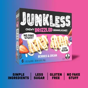 JUNKLESS Chewy Granola Bars Berries & Cream - Simple Ingredients, Less Sugar, Gluten Free, No Fake Stuff, 100% Whole Grain Oats, Creamy Yogurt Drizzle
