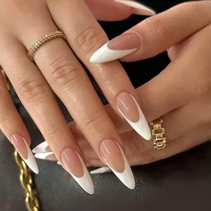 Extra Long Almond Press-On Nails – White French Tip