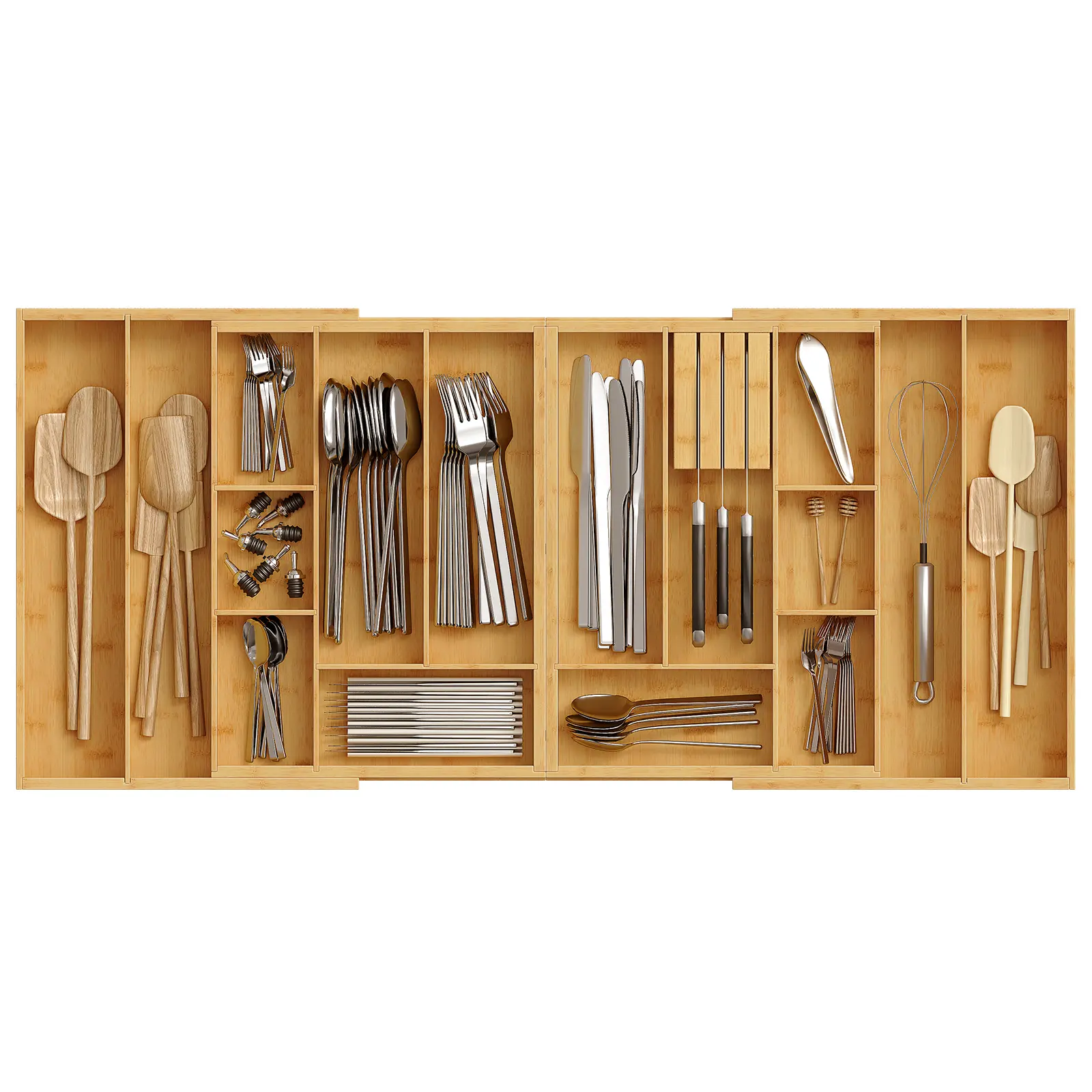 HOOBRO Bamboo Silverware Drawer Organizer Kitchen, Expandable Utensil Organizer From 22 to 35 Inches, Multifunctional Adjustable Wooden Drawer Organizer with Knife Block, Non-Slip, Natural #SummerVibes