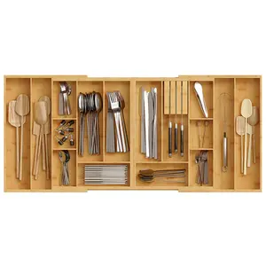 HOOBRO Bamboo Silverware Drawer Organizer Kitchen, Expandable Utensil Organizer From 22 to 35 Inches, Multifunctional Adjustable Wooden Drawer Organizer with Knife Block, Non-Slip, Natural#SpringSale #BigSpringSale