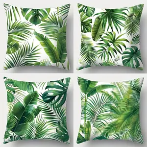 4pcs, Green Themed Throw Pillow Covers, Rainforest Green Featuring Leaf Pattern Designs, Home Spring Décor Products, Suitable Living Room, Bedroom, Sofa and Bed Decoration, 2D Flat, Single Sided Printing, No Pillow Core