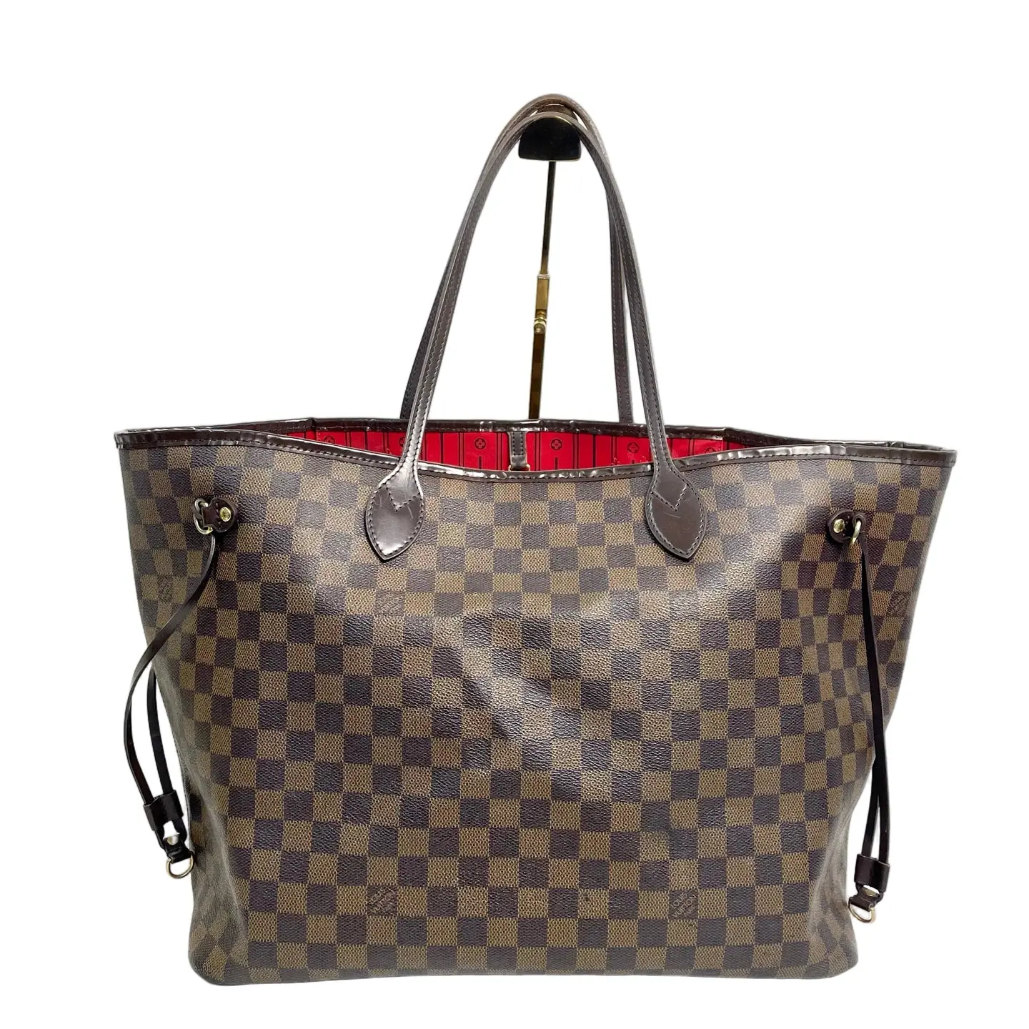 Pre-owned canvas Tote bags Louis Vuitton Neverfull GM Tote Bag in Damier Ebene with Red Interior and Dark Brown Leather Trim