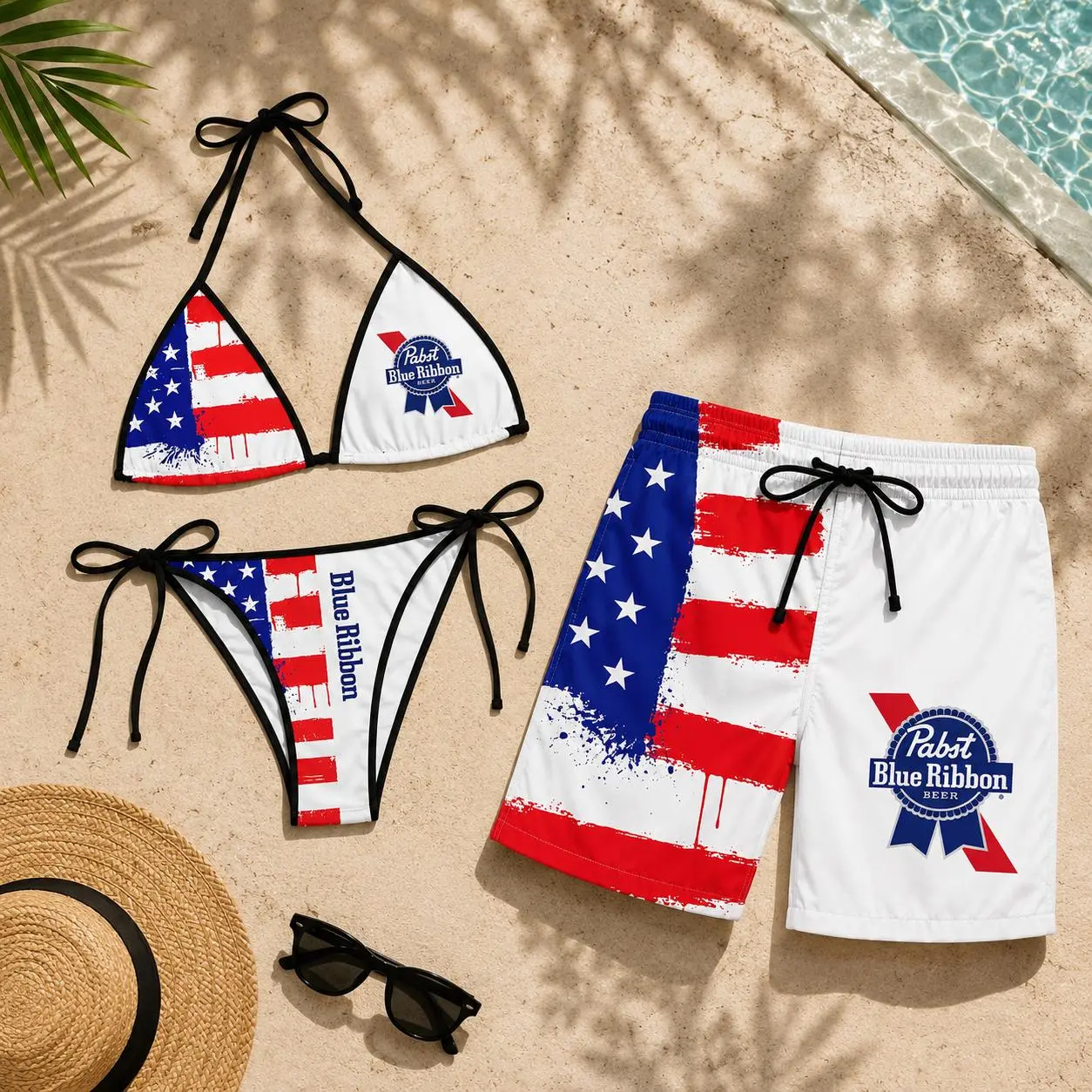 Pabst Blue Ribbon Beer Swimwear Set, Women's String Bikini & Hawaiian Shorts, Matching Beach Outfit, Summer Vacation Swimsuit