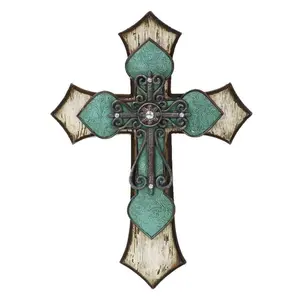 Triple-Layer Turquoise Cross Wall Decor w/ Metal Scrollwork