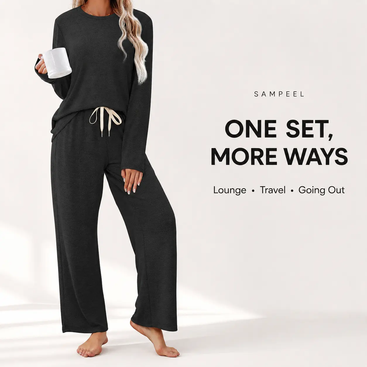 SAMPEEL Women's 2 Piece Everyday Lounge Set, Oversized Short Sleeve Top & Wide Leg Crop Pants, Casual Travel Airport Outfit