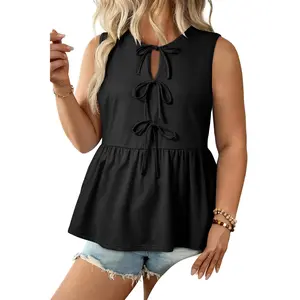 Black Plus Size Solid Color Bow Tie Peplum Tank Top