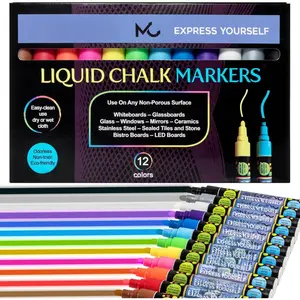 Liquid Chalk Markers Neon 12 Pack. Bold Wet & Dry Erase Marker Pens. Erasable and Washable Chalkboard Markers for Windows, Mirrors, Glass, Whiteboards. Reversible Thick and Fine Tip.
