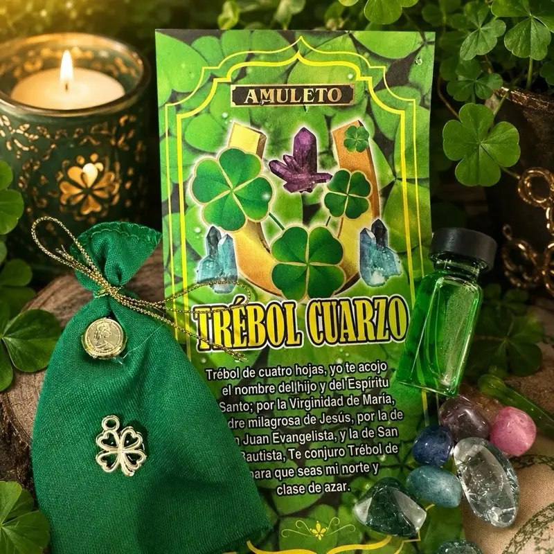 Lucky Clover Amulet Kit | Trébol de la Suerte Amulet |  Clover Charm, Quartz Crystals & Spiritual Luck Oil