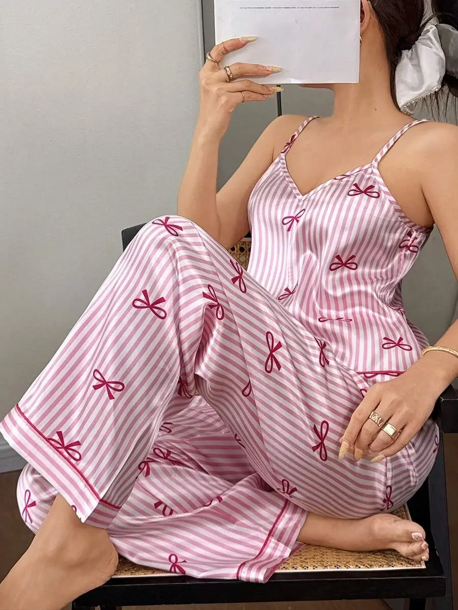 Women Pink Satin Striped Bow Print Sleeveless Spaghetti Strap Long PJS Babydoll PJS Lingerie PJS PJS Women Summer Sets