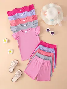 Girls' Casual Knit Top and Solid Color Shorts Set, Comfortable Summer, Trendy Kids Fashion, Perfect for Daily Wear, Summer Clothes Set