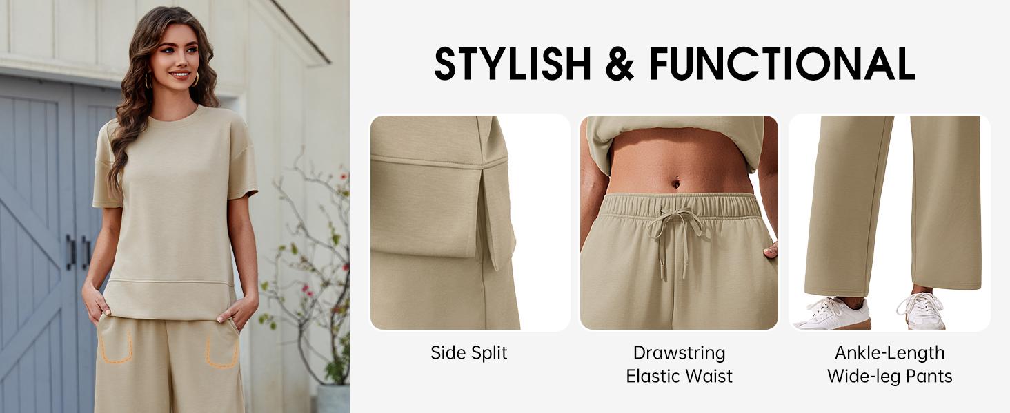 PINSPARK 2 Piece Tracksuit for Womenswear Soft Short Sleeve Outdoor Wide Adjustable Leg Pockets Pants Lounge Matching Travel Summer  2025  Springtok Outdoorfun