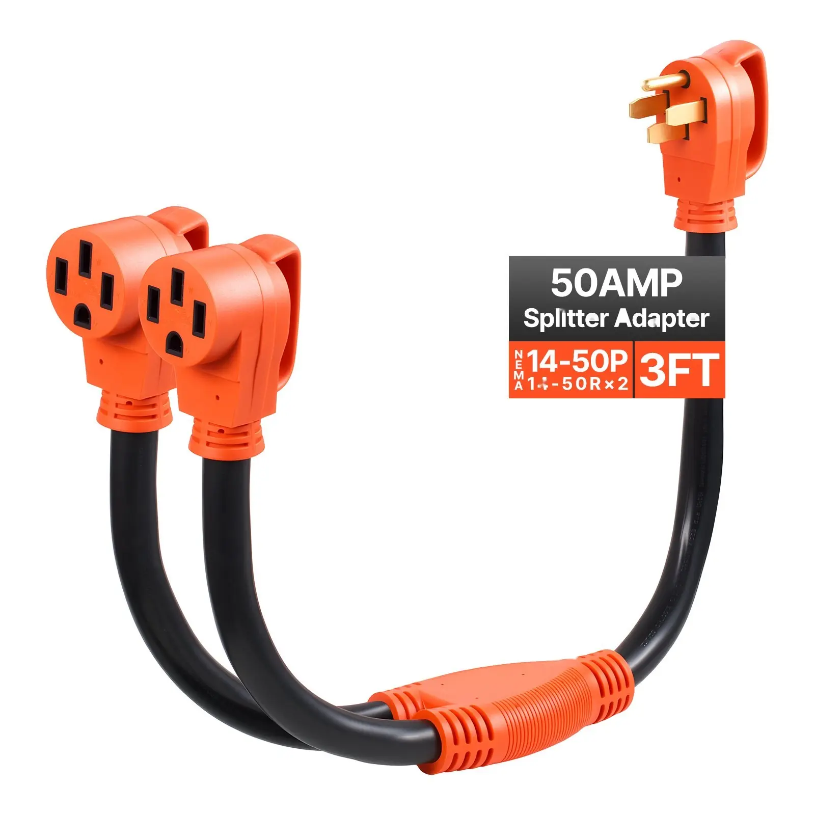 Y Splitter Adapter Cord with Grip Handle, 50 Amp NEMA 14-50, 4-Prong 240V Splitter for RV and EV, NEMA 14-50P to Dual 14-50R Outlets, Heavy Duty 6/3+8/1 STW Wire, Outdoor RV Power Extension Cable