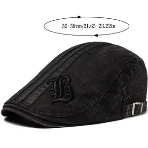 Cotton Beret Hat for Men, Breathable & Comfortable French Style with Vintage Letter Embroidery, Unisex Casual Daily Hat for Autumn Fashion, 55-59cm Circumference