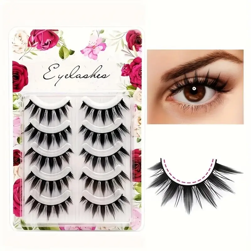 5 Pairs Demon False Eyelashes, Lightweight Mixed Curl Doll Style, Solid Form, 0.07mm Thickness, Non-Flammable Liquid, Common False Lashes, Fluffy, Makeup, Faux Lashes