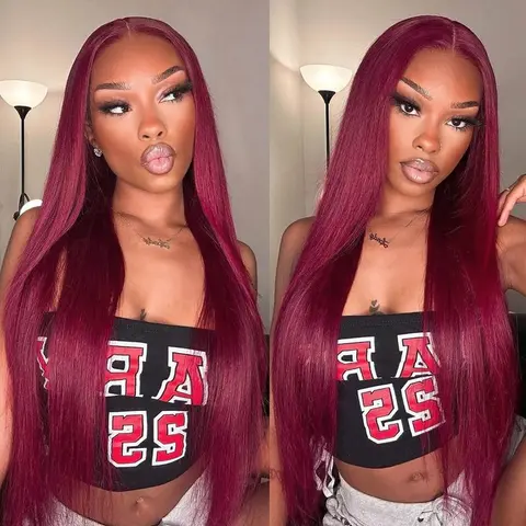 West Kiss 99J Burgundy Glueless Wig Human Hair Straight 7x5 Closure Wig Pre Cut Pre Plucked Hairline Ready To Go Wig