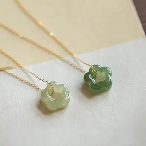 Imitation jade plum blossom pendant for women, silver-plated collarbone chain, hollowed-out delicate ultra-fine necklace