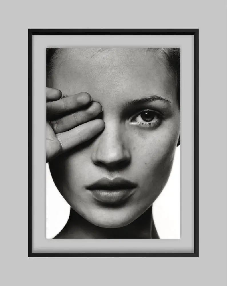 1990s Kate Moss "Blind Eye" Fine Art Print, Black and White Minimalist Fashion Photography Wall Art for Modern Offices