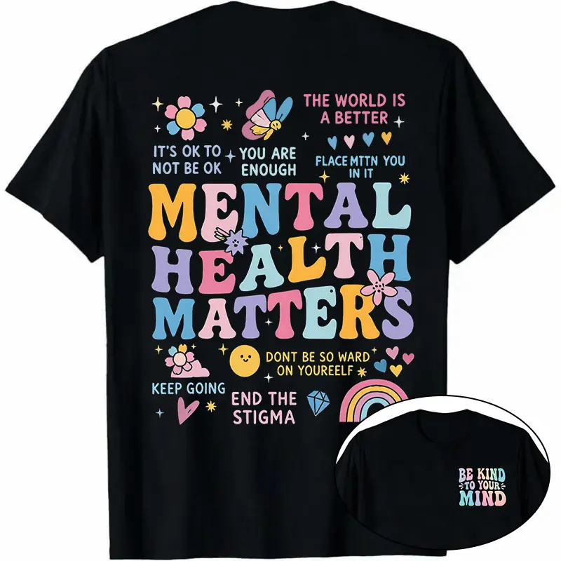 Cotton Short Sleeve T-Shirt Mental Health Matters Shirt Be Kind to Your Mind Letter Print Tshirt Inspirational Tee Graphic Short Sleeve Loose Oversized Round Neck Womenswear Colorful Cute Everyday Fabric Fit2ZX