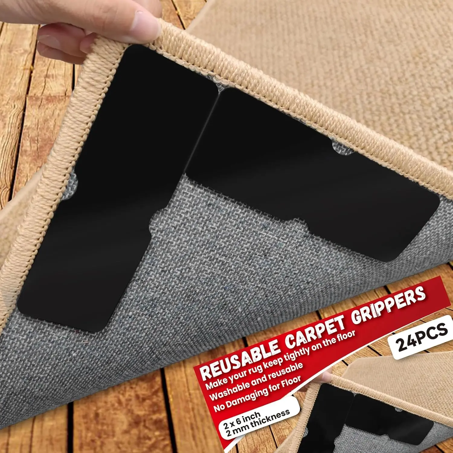 Rug Carpet Non Slip Grippers,  Double Sided Carpet Tape Pads,  Adhesive Grippers for Area Rugs, Keep Corners Flat, No Damaging for Floor Removable, 8 count