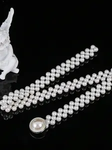 Pearl Waist Chain for Women, Rhinestone Crystal Belt with Elastic Stretch Band, Korean Style Pearl Decor Belt for Dresses, Wedding Party Evening Gown Accessory, Christmas Thanksgiving Gift for Women