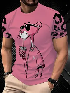 Men's Pink Panther Milk Tea Short-Sleeve T-Shirt, Sunglasses, Gold Chain, Pink Panther Cartoon Graphic Top, Street Style Fun Item, Y2K American Retro Hip Hop Street Style Hot Item, Regular Fit Casual, Fitted, Menswear, Streetwear, Print