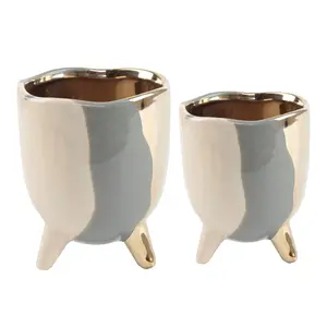 Set of 2 3-Tone Footed Ceramic Grey Gold Cream Indoor Planters 5'' & 4.5'' Mid Century Modern Decorative Hand-Crafted Artisan Planters 4.5x4.5x5 for Tabletops Entryways or Window Sills