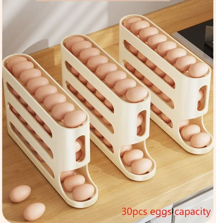 4-Tier Egg Holder - Compact Side Door Design, Holds 30 Eggs, Sleek Glossy Surface, Easy-To-Use Handle, Ideal for Kitchen And Fridge Storage | Contemporary Kitchen Tools | Sturdy Plastic Construction