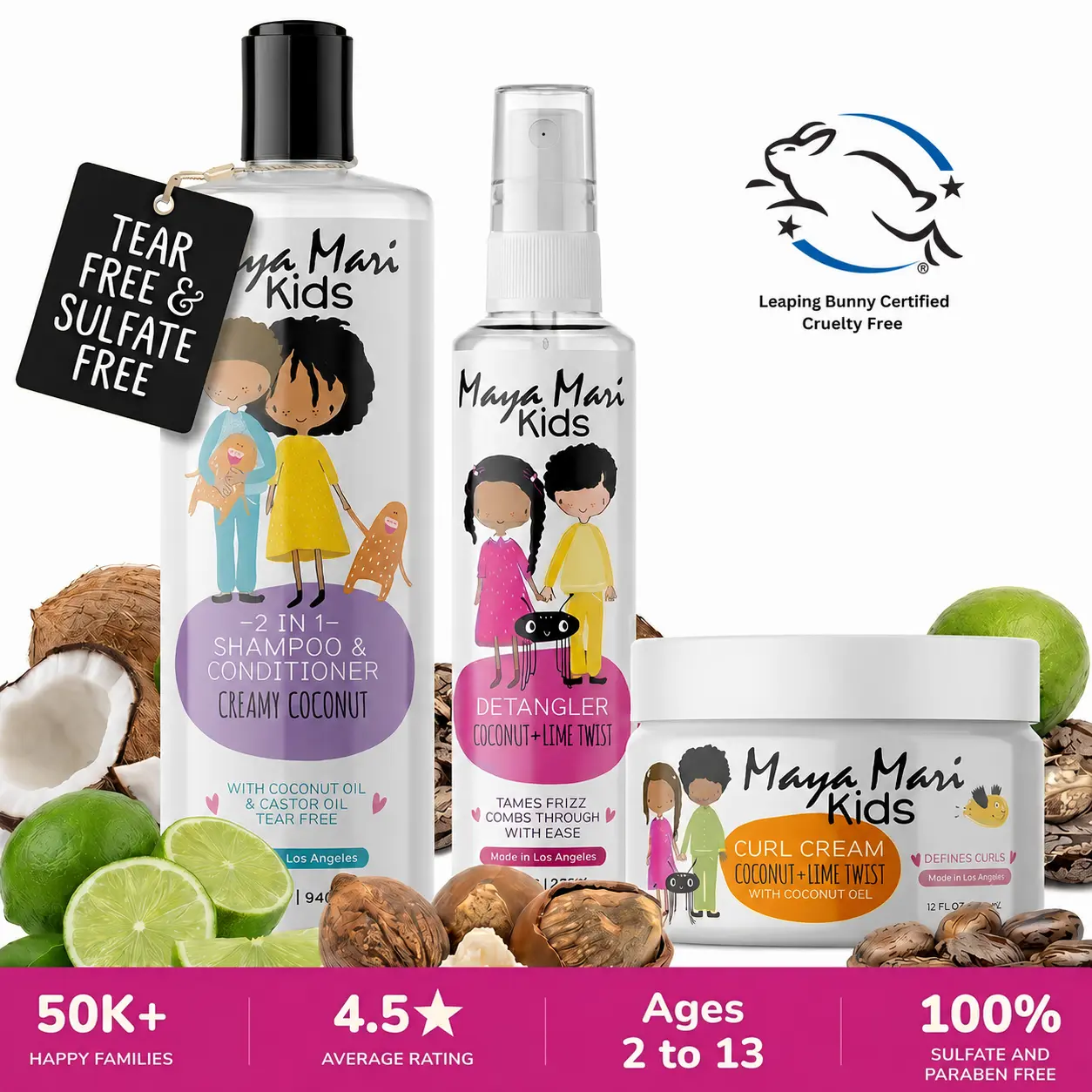 Maya Mari Kids Unisex Youth Curly Hair Products 3-Piece Haircare Set - Gentle Coconut Cleanser 2-in-1 Shampoo Conditioner, Hair Cream, Detangler Spray for Daily Cleansing, Moisturizing, Detangling