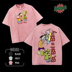 Ed Edd n Eddy v2 Washed Cotton Shirt, Cartoon Vintage Graphic Tee, Double Sided Print Retro 90s Animation T-Shirt, Streetwear Washed Cotton Top Mens Unisex