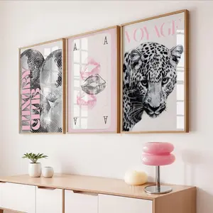 [Sale up to 50%] Pink Leopard Wall Art Set Black and White Gallery 3 Trendy Fashion Stylish Prints Decor Office Aesthetic Girly Wall Art Fashion Magazine