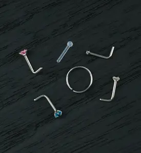 Star And Heart Pink/Aqua CZ Stainless Steel L Bend/Stud/Hoop Nose Ring Pack (6 Pc)