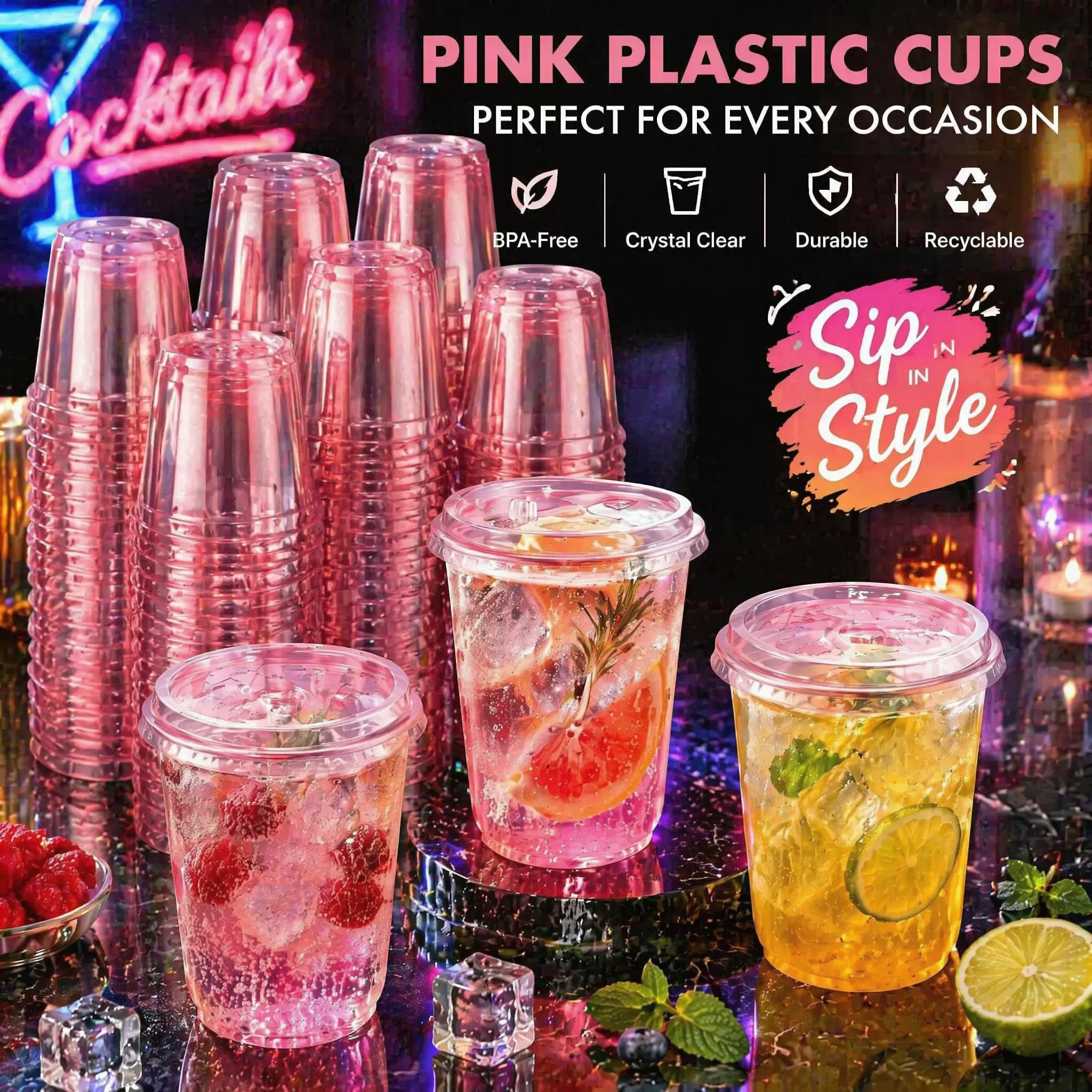 50 Pack 16 oz Pink Disposable Plastic Party Cups with Sip Lids, Stemless Round Bottom Iced Coffee Drinking Cups, Ideal for Valentine's, Galentine's, Bachelorette & Holiday Parties