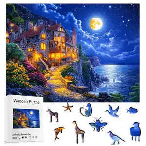 Wooden Puzzle Lift - Night Scene with Moonlit Castle and Coastal Path - Difficulty Levels 5A - Size L M S