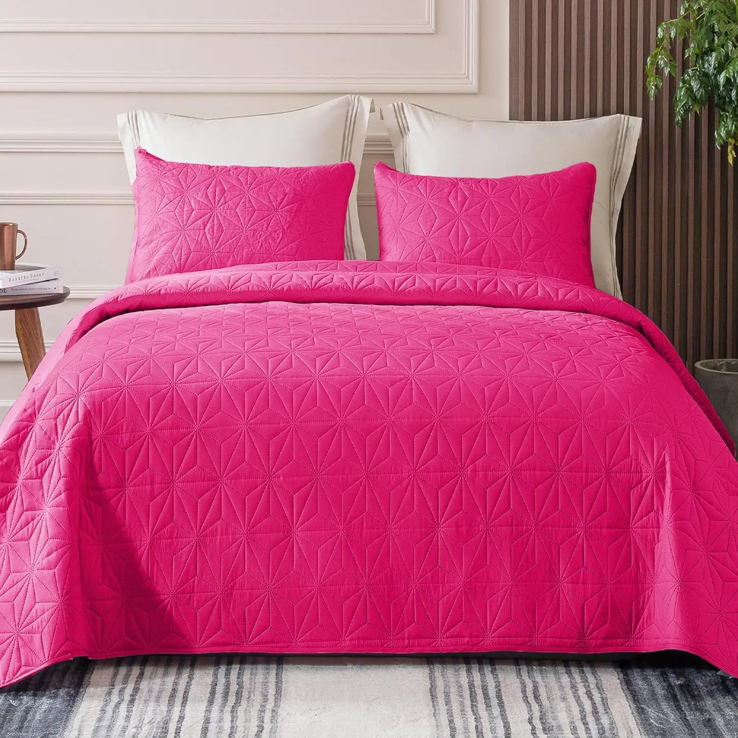 California King Geometric Fluffy Quilt - Hot Pink Oversized Lightweight Bedspread Coverlet, Multi-Use 3-Season Bedding, Machine Washable