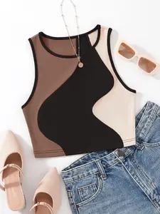 Women's Colorblock Ribbed Crop Tank Top, Summer Outfits 2024, Casual Sleeveless Round Neck Crop Top for Daily Wear, Ladies Clothes for All Seasons, Everyday