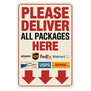 Deliver Packages Here Notice Tin Sign Vintage Shipping Logistics Metal Sign for Garden & Yard Bar, Porch, Garage Home Decor 8 X 12 In, Easy to Hang Style