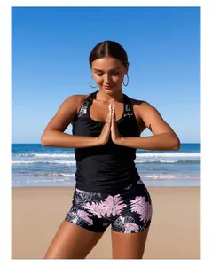 Pink Palm Tree Tankini Swimsuit for Women Cutout Slim Fit Two Piece Bathing Suit Tummy Control Beachwear Vacation Swimsuits