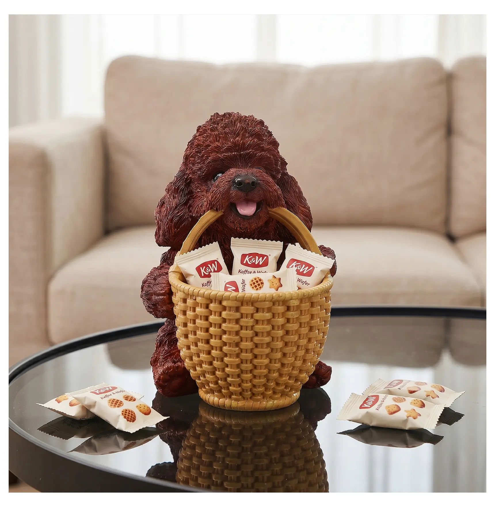 Small Eco-Friendly Classic Polyresin Brown Poodle Dog Statue with 6 Inches Diameter Round Decorative Storage Basket, 8 Inches Height Cute Animal Figure Figurine, Desk/Entryway Decor, Pet Lover Gift in 'Let Me Help' Pose (Brown-Yellow)