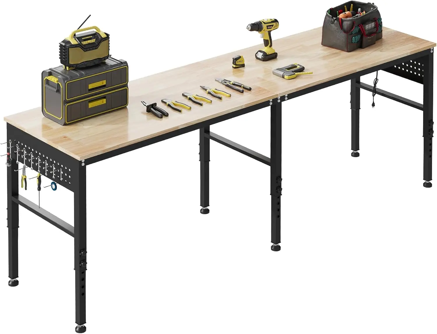EROMMY Adjustable Heavy-Duty Workbench - Ergonomic Heavy Duty Worktables with Metal Frame, 27.5-38 in Height Range, 4 AC Outlets, 2 USB Ports, Side Nail Board Design, 2000 lbs Cap. Rubber Wood Top, Wheels, Commercial Garage Utility Table