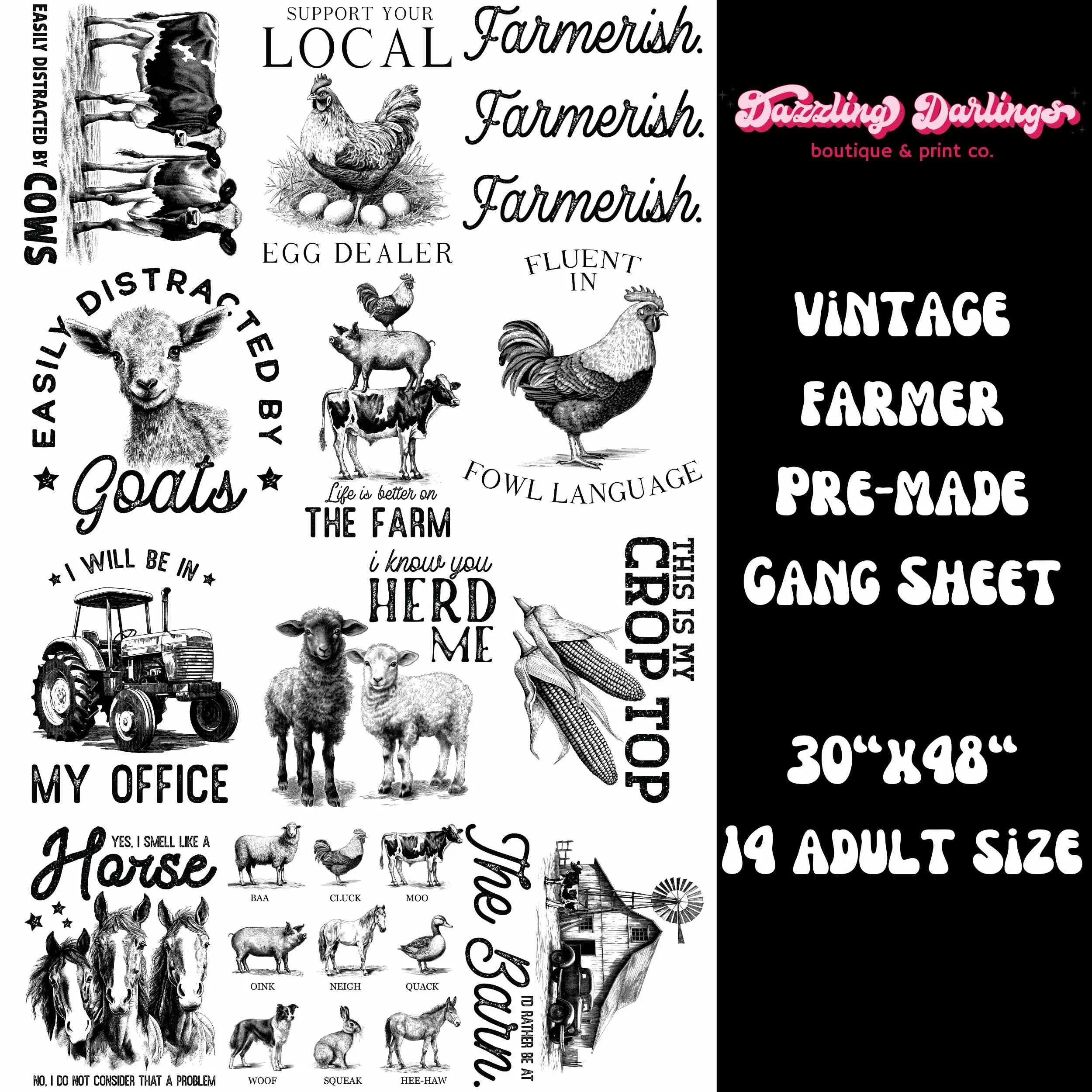 Vintage Farmer Farming 30x48 Pre-Made Dtf Print Direct to Film Gang Sheet Farm Life Barn Cow Windmill Horse Tractor Farm Life Farm T-shirt Farm Quote Farm Truck Farmerish