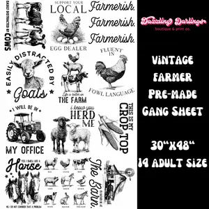 Vintage Farmer Farming 30x48 Pre-Made Dtf Print Direct to Film Gang Sheet Farm Life Barn Cow Windmill Horse Tractor Farm Life Farm T-shirt Farm Quote Farm Truck Farmerish