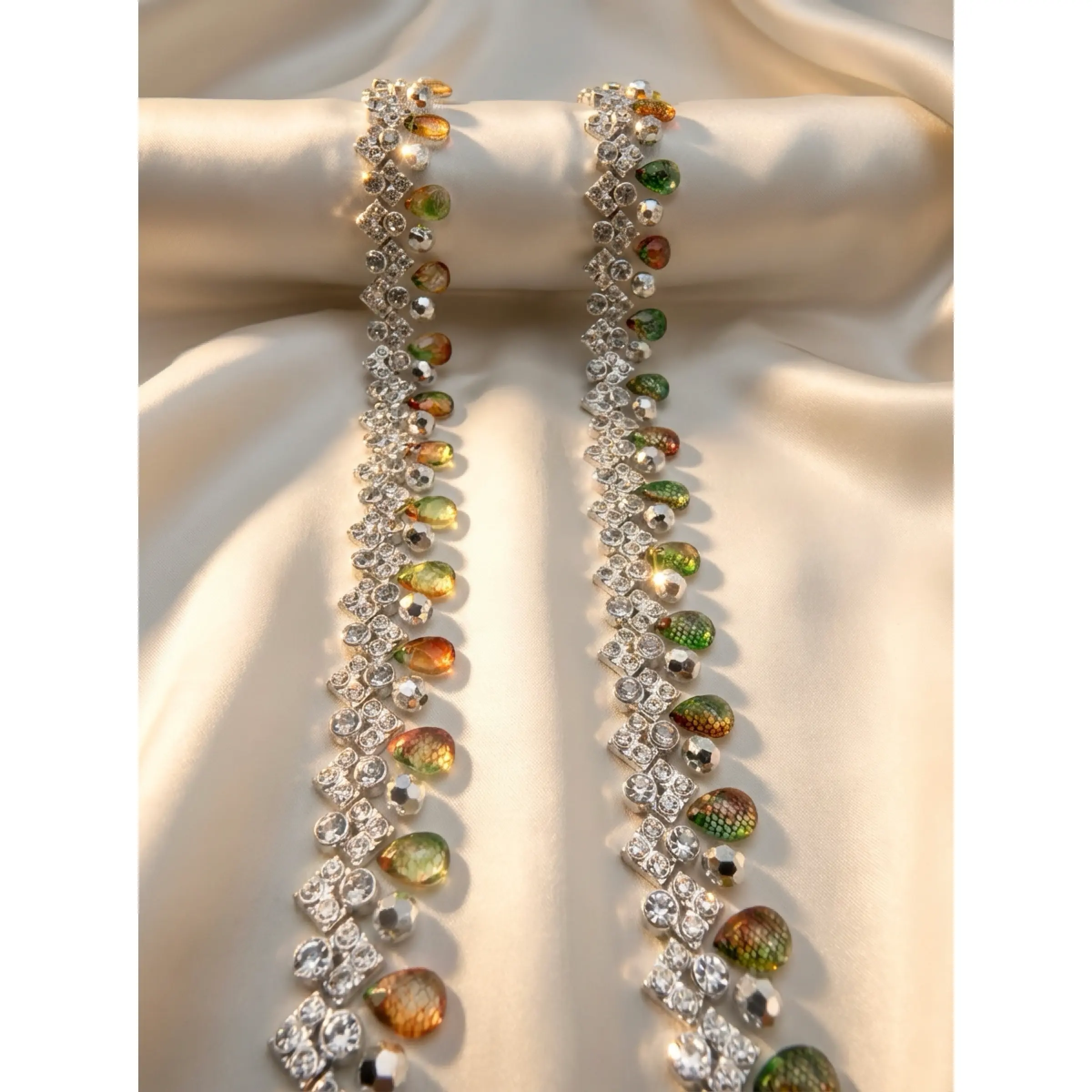 Crystal and Iridescent Beaded Trim – Self Adhesive Rhinestone Trim, Peel and Stick Fabric Trim, Gold Green Accent Trim, Sew or Stick