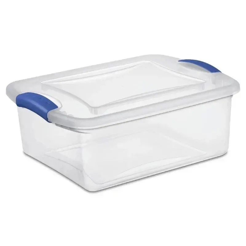 Sterilite 15 Quart Small Latching Storage Bin, Clear Plastic Storage Container with Latch Lid, Blue