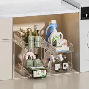 Delamu 2 Sets of 2-Tier Clear Under Sink Organizers and Storage, Multi-Purpose Stackable Bathroom Cabinet organizers, Pull Out Kitchen Pantry Organization and Storage with Dividers Racks
