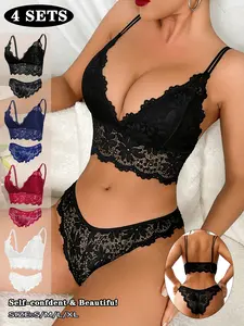 4set Elegant Loungewear Lace Bra Set  Wireless Zero Pressure Feel, Breathable Lace Mesh Design, Enjoy Freedom All Day