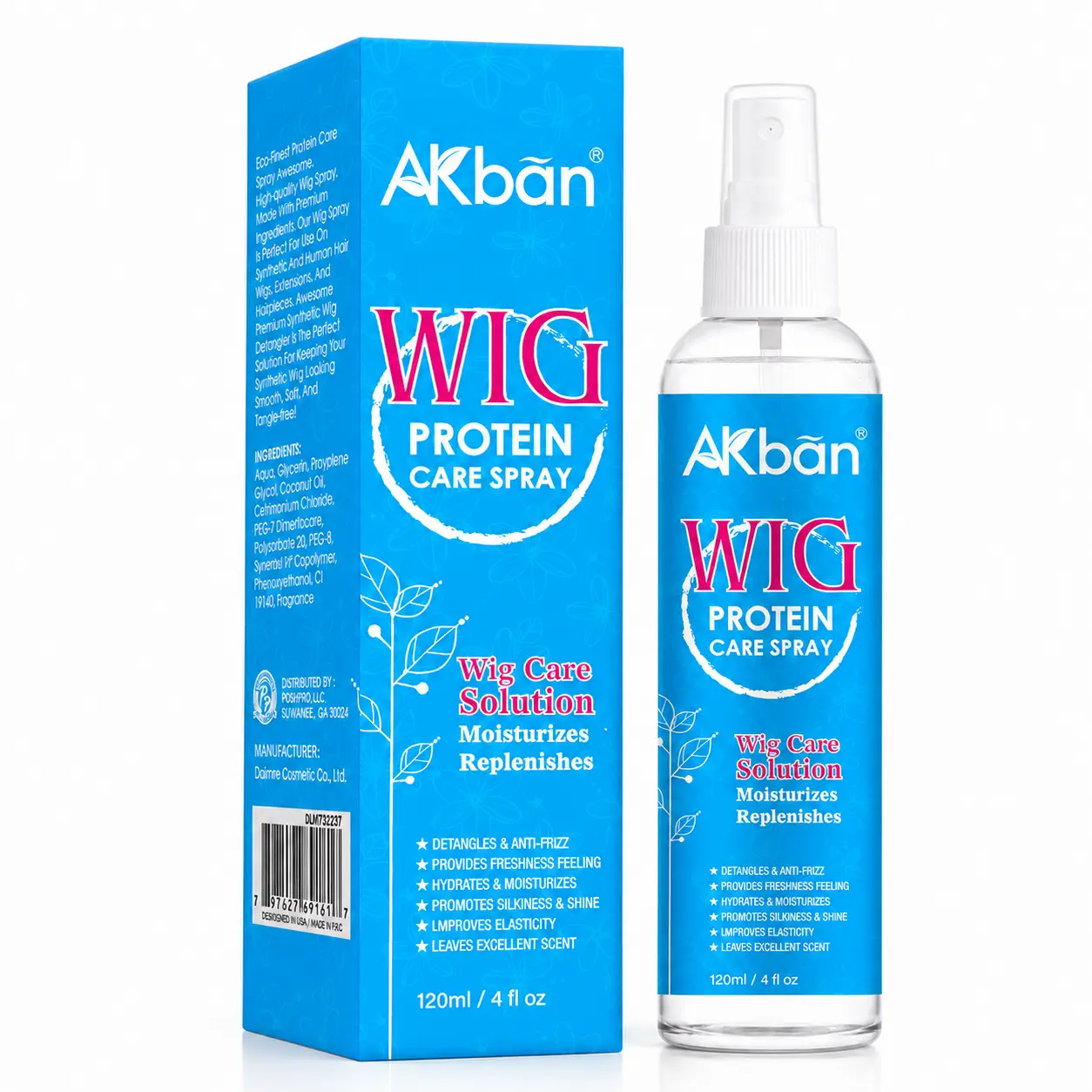 AKban Wig Protein Care Spray - Hydrating Moisture Leave-In Treatment for Synthetic & Natural Wigs, Antifrizz, Detangler, Cleanser, Smoother, Fresh Scent, Extends Lifespan (Beauty & Personal Care, Haircare & Styling), Frizz Control, Detangling, Anti-Frizz,