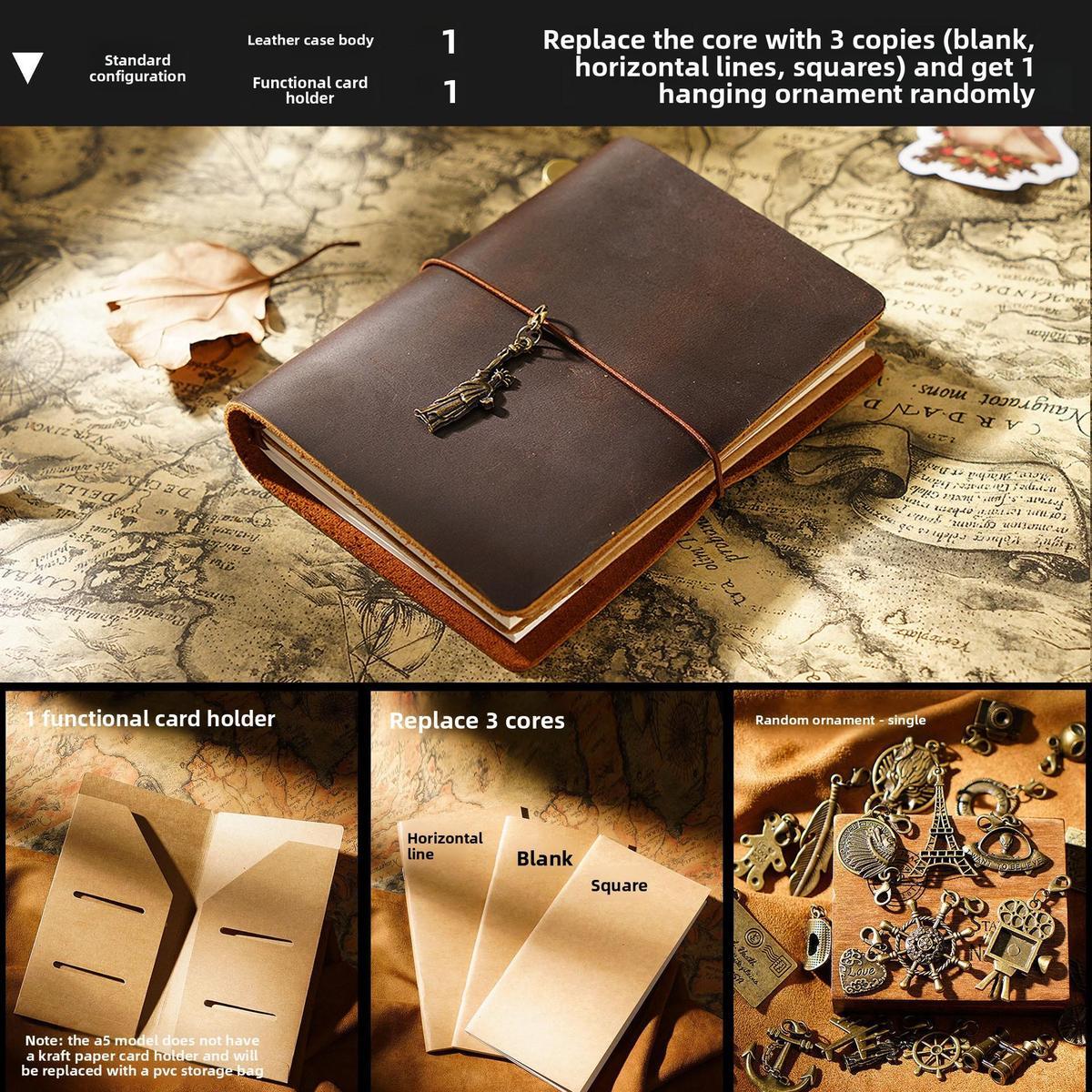 Modern Durable Notebook,Vintage-Style Portable Travel Diary Leather A5 Travelers Notebook Cover with Inner Pockets and Card Slots and Pen Holder,Hardcover Notebook,Stationery Supplies for Home,School or Office. Soft refillable ,journal charms