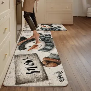 Christmas Snowman Pattern Soft Kitchen Rugs Set, Non-Slip Carpet, Simple Style, Stain-Resistant Long Strips, Home Decor